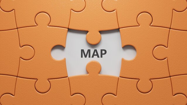 3D illustration of "MAP" in English, using a bold font. It conveys navigation and clarity.puzzle pieces with missing pieces.3D rendering.