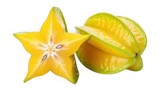 Vibrant fresh star fruit, whole and cut, showcasing its star shape