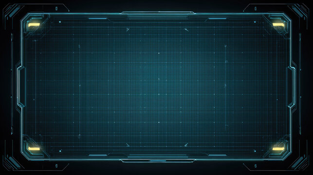 Futuristic blue HUD panel with glowing grid and corner lights - Powered by Adobe