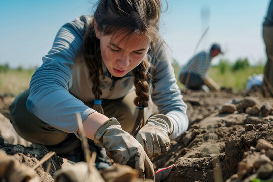 Archaeologist Carefully Excavating Fossilized Artifact Bones Skeletons in Field, Generative AI