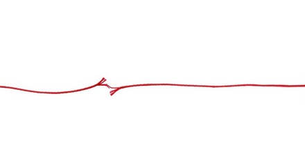 A single red string is broken on a clean white background telling a symbolic story of separation