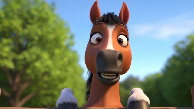 Funny cartoon horse character peeking over fence