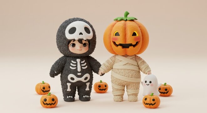 Adorable 3D rendered Halloween characters, skeleton and mummy costumes, holding hands, surrounded by pumpkins and a ghost.