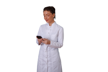 Female medical professional in lab coat using smartphone, staying connected in modern healthcare, transparent background