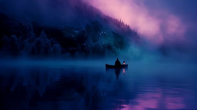 A tranquil, atmospheric scene featuring a solitary figure in a boat on a misty, serene body of water. The boat is illuminated by a lantern, casting a soft glow on the waters surface.