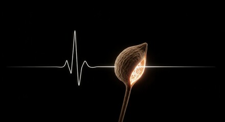 Organic structure glows with internal light alongside a digital representation of a heartbeat