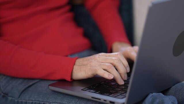 Head shot portrait mature woman talking to webcam participating in video conference speaking with family relatives, Video call concept in conversation, using modern technology POV