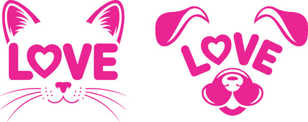 Pink cat and dog face art, both featuring the word love vector art.