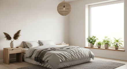 cozy modern bedroom interior with comfortable bed and soft lighting