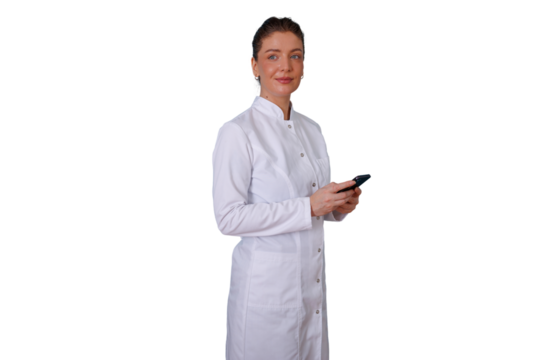 Female healthcare worker in lab coat communicating on smartphone, standing with transparent background