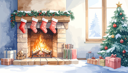 Cozy Christmas Fireplace with Hanging Stockings and Garland.