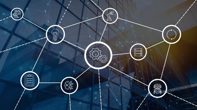Animation of technology and business process Hyperautomation with digital interface icons
