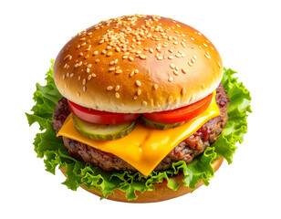  Classic Cheeseburger with Fresh Toppings, Top View, isolated on transparent background 