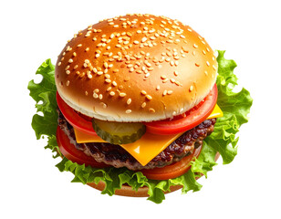  Classic Cheeseburger with Fresh Toppings, Top View, isolated on transparent background 