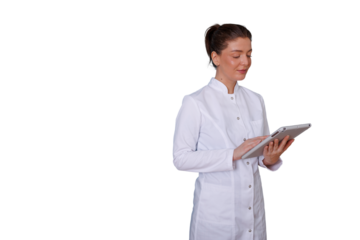 Female doctor or medical professional researching on digital tablet, using telehealth application, transparent background