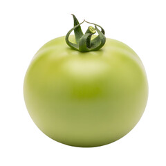 Single Green Tomato With Stem and Leaves on White Background Detailed Studio Shot