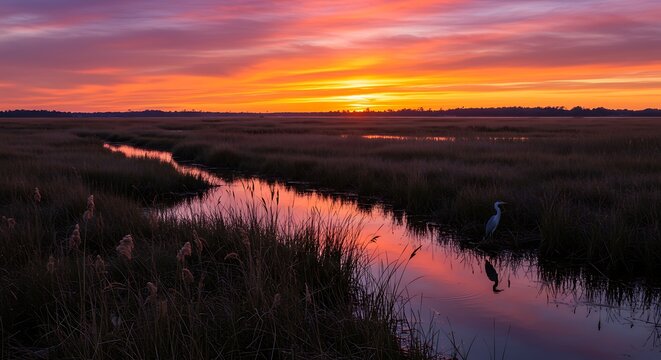 Vibrant Sunset Over a Serene Marshland with a Winding Waterway.