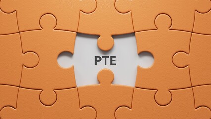 Fototapeta premium Three puzzle pieces with missing pieces with the letters PTE.close up of puzzle pieces with missing pieces,Business Concept.3D rendering.