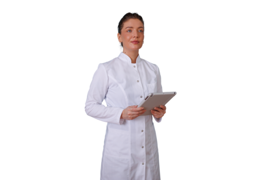 Medical professional holding a digital tablet, looking away on transparent background, working with healthcare technology