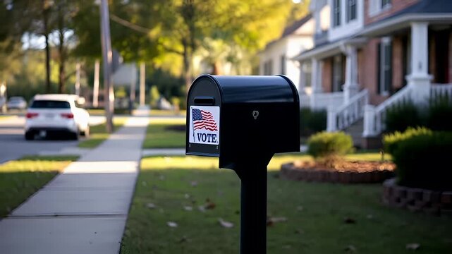 A closeup shot of a mailbox with a VOTE sticker and an American flag design. The mailbox is black with a silver handle and a silver body.