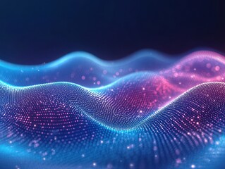 Abstract visualization of flowing waves made of glowing blue and pink digital particles and dots on a dark background, creating a futuristic and dynamic effect