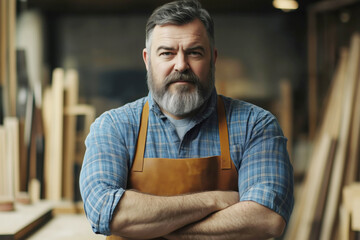A middle-aged man with a beard wearing an apron, standing confidently in a workshop.