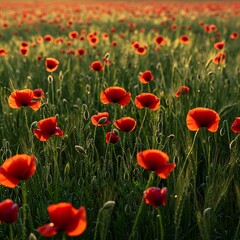 Obraz premium Vibrant Poppy Field at Sunset - A Symphony of Red and Green.