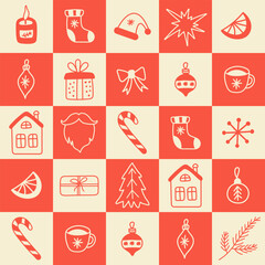 Christmas abstract background. Festive print with hand drawn elements. Concept minimal season design. Red and beige colors. Vector colorful illustration