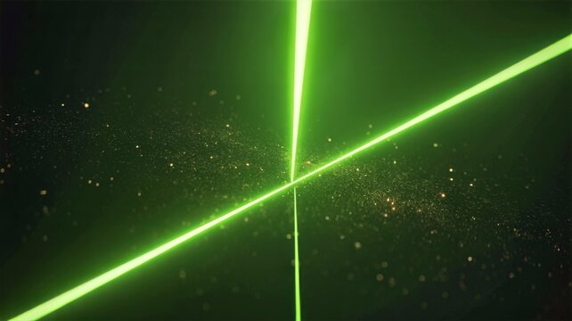 Laser abstract background with intersecting bright green laser beams creating geometric cross patterns and glowing particle effects against deep dark green backdrop