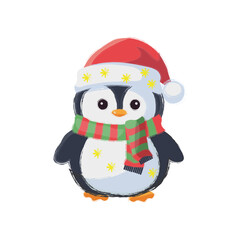 A cute cartoon penguin wearing a red Santa hat and striped scarf. A charming winter mascot or holiday character for a children's illustration. Vector illustration.