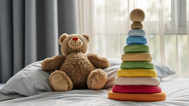 A playful setting features a furry teddy bear alongside a vibrant stacking toy on soft bedding, inviting fun and creativity inside