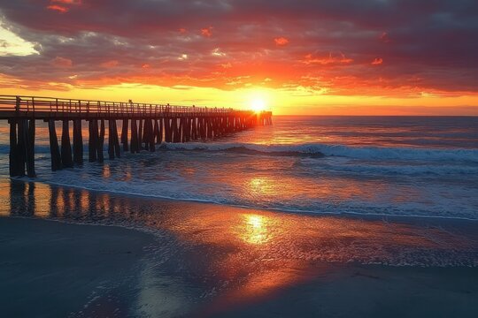 Sunset casting vibrant orange and purple hues over a wooden pier extending into calm ocean waves with reflective wet sand on the beach