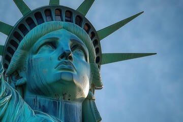 Close-up view of a large green statue head with a crown of seven spikes against a cloudy blue sky, conveying strength and solemnity