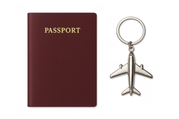 Passport and airplane keychain representing travel concept