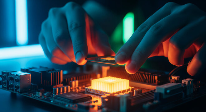 Technician holds processor above motherboard. Engineer checks hardware, tests computer electronics for performance, quality. Server