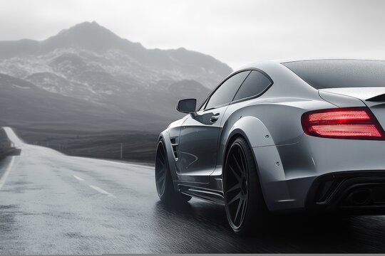 Silver sports car parked on an empty wet road with mountain landscape in the background under a cloudy sky - Powered by Adobe
