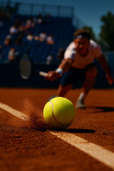 Close-up of tennis ball striking baseline on red clay surface