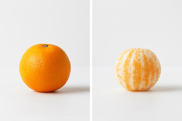 Whole and peeled orange side by side in minimalist fruit composition