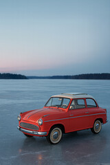 Small red car parked on frozen lake during icy winter silence