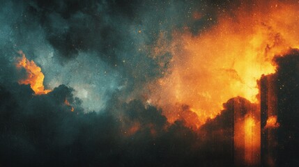 Fototapeta premium Dramatic composition features tall vertical structures enveloped by intense orange fire and dark contrasting smoke.