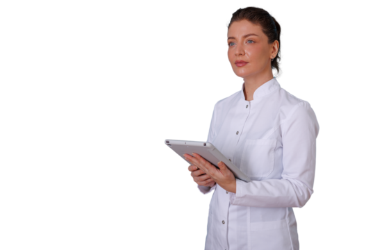 Female doctor holding a digital tablet, providing medical care and health advice, transparent background