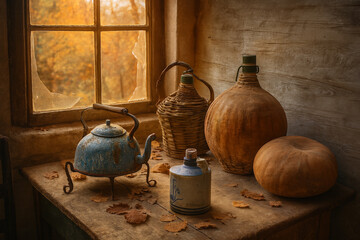 Autumn leaves and vintage objects resting quietly on rustic wooden table