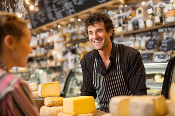 Small local grocery store business: young mediterranean shopkeeper kindly serves a woman behind a counter displaying a selection of cheeses.
