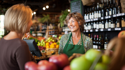 Small local grocery store: female shopkeeper kindly smiles a woman client behind a counter in a shop with fruits, vegetables and wine.