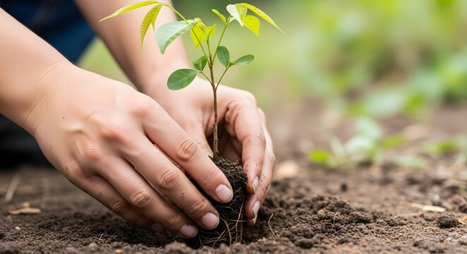 Hands carefully plant a fresh green seedling into rich garden soil
