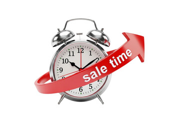 Alarm clock with a red arrow and text sale time, isolated on transparent background