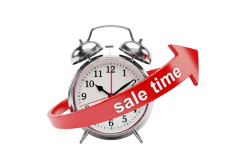 Alarm clock with a red arrow and text sale time, isolated on transparent background