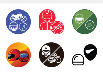 Collection of motorcycle helmet icons in various styles and colors, showcasing different types of head protection for riders, perfect for safety or design projects