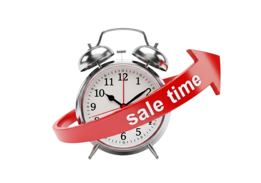 Alarm clock with a red arrow and text sale time, isolated on transparent background