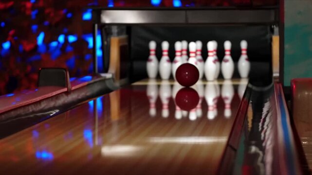 Red bowling ball poised on polished wooden lane, anticipating strike amidst vibrant blurred lights and pins ready for action